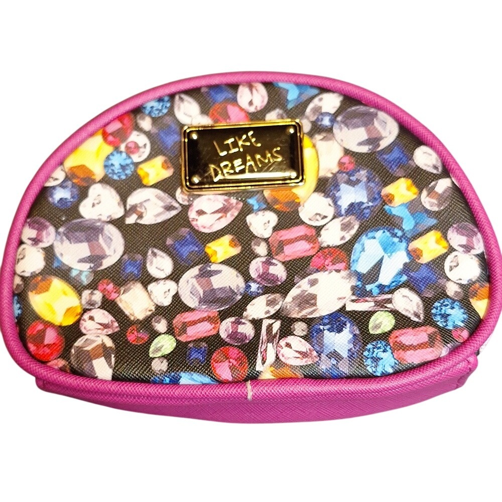 Like Dreams‎ Pink Gemstone Jewel Print Dome Cosmetic Makeup Bag Pouch Gold Logo